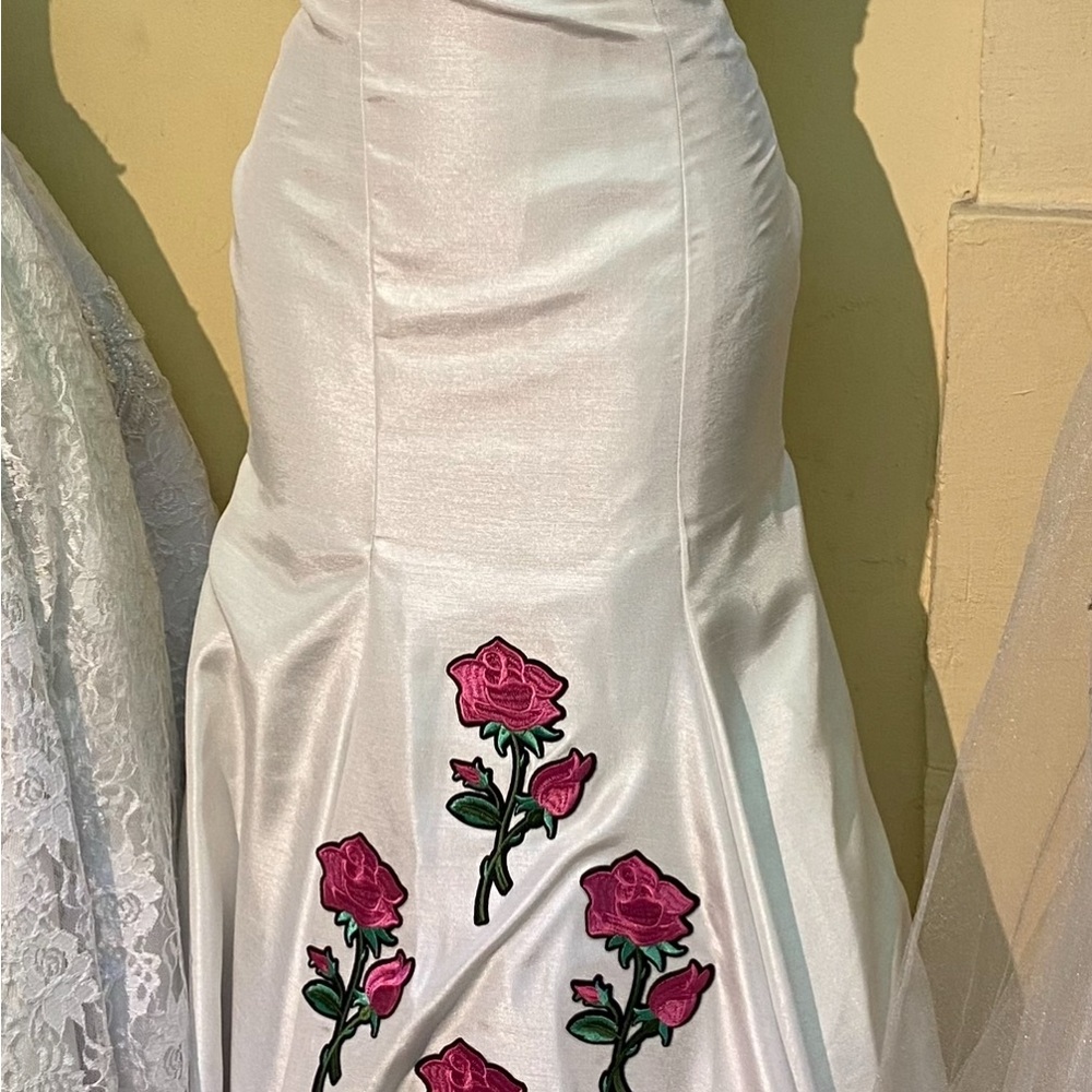 White Gown with Pink Rose Embroidery